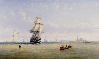 Navi da guerra, golette e yacht della Royal Navy in una scena movimentata al largo del Fastnet Light da Claude T. Stanfield Moore
